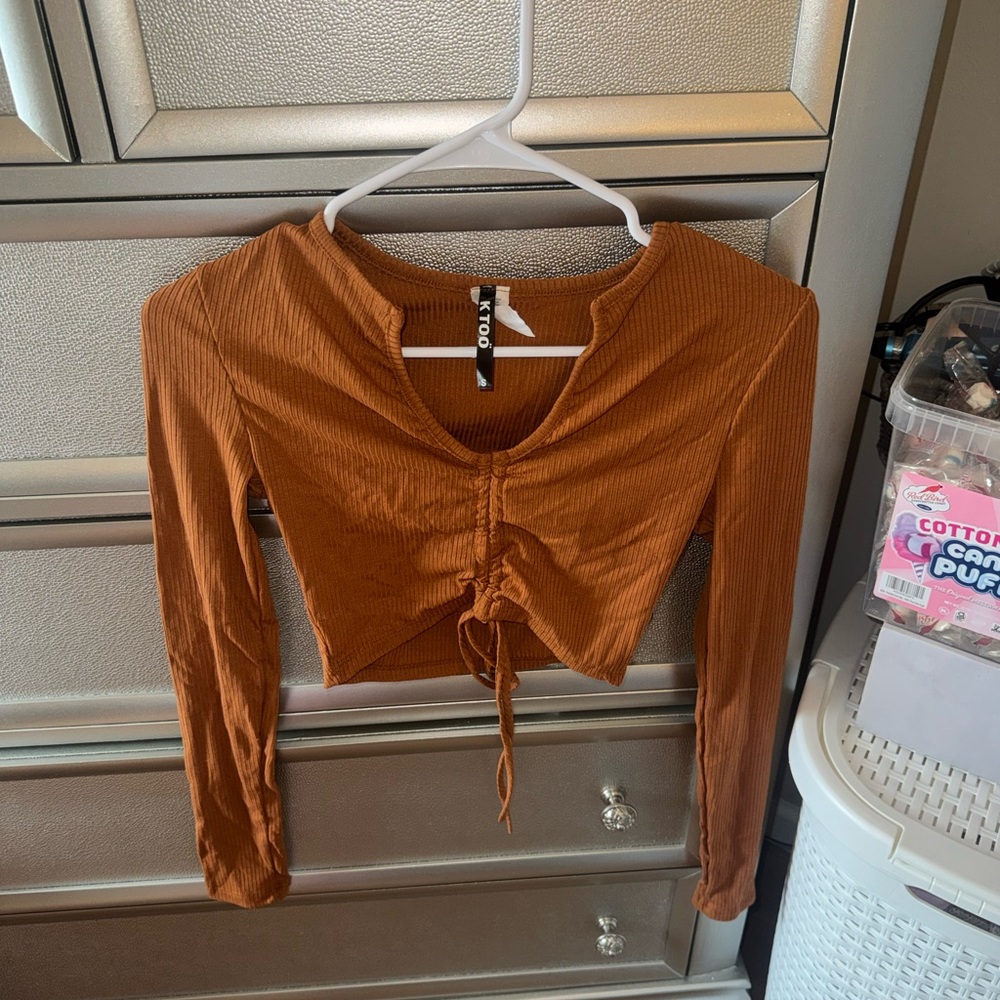 Trendy Rust Long Sleeve Crop Top and Matching Pants